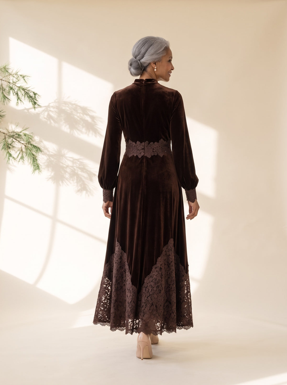 Mavis Maxi Dress in Chocolate Brown, back view