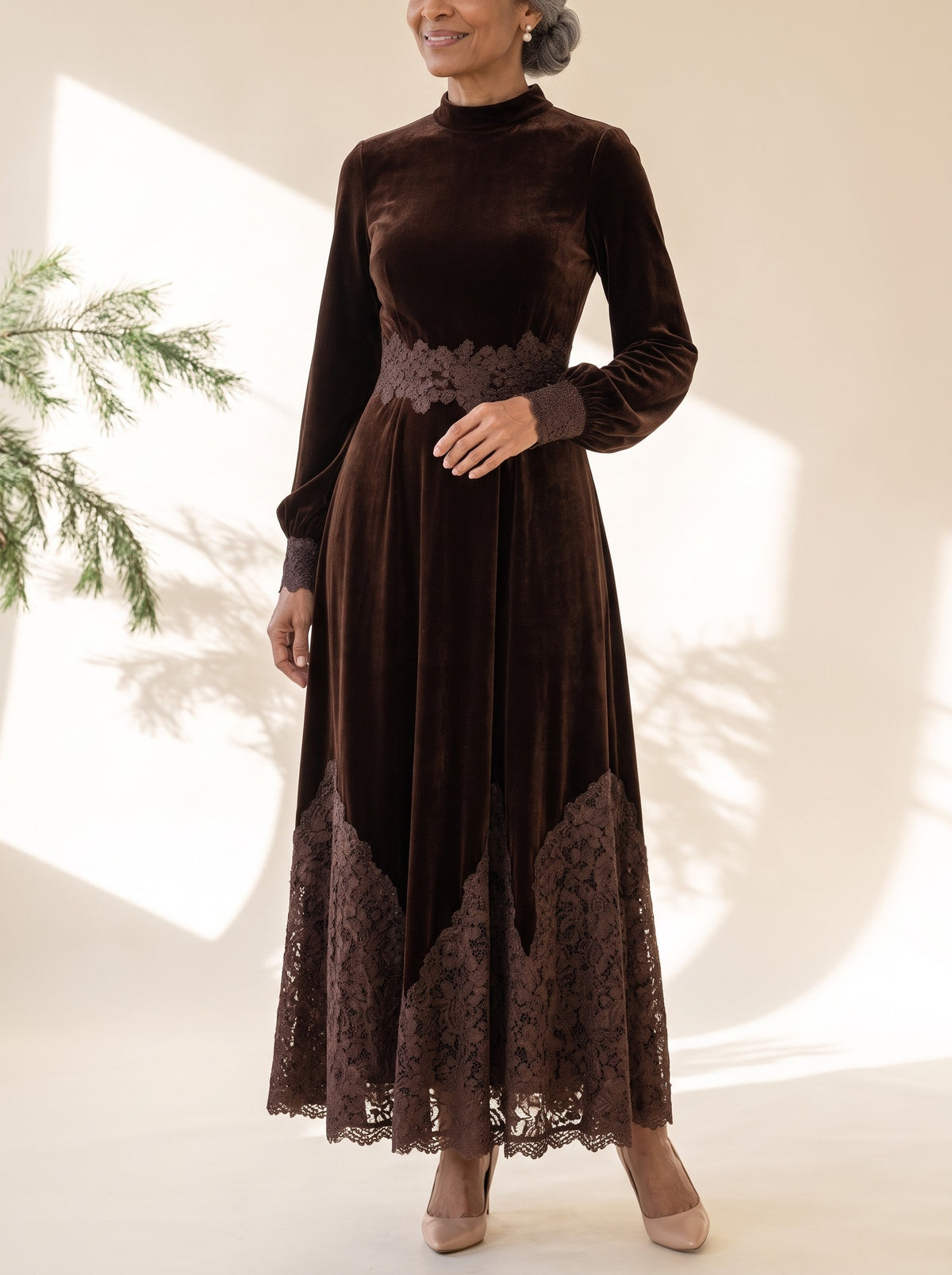 Mavis Maxi Dress in Chocolate Brown, detail view