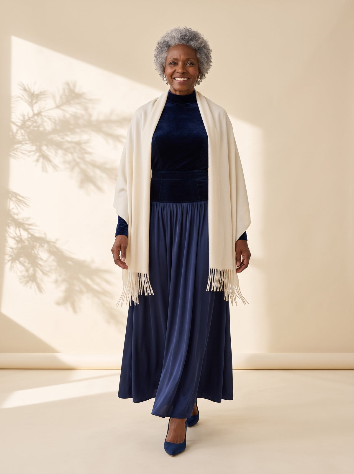 Nanette Maxi Dress in Navy, styled with the Blythe Evening Wrap in Ivory