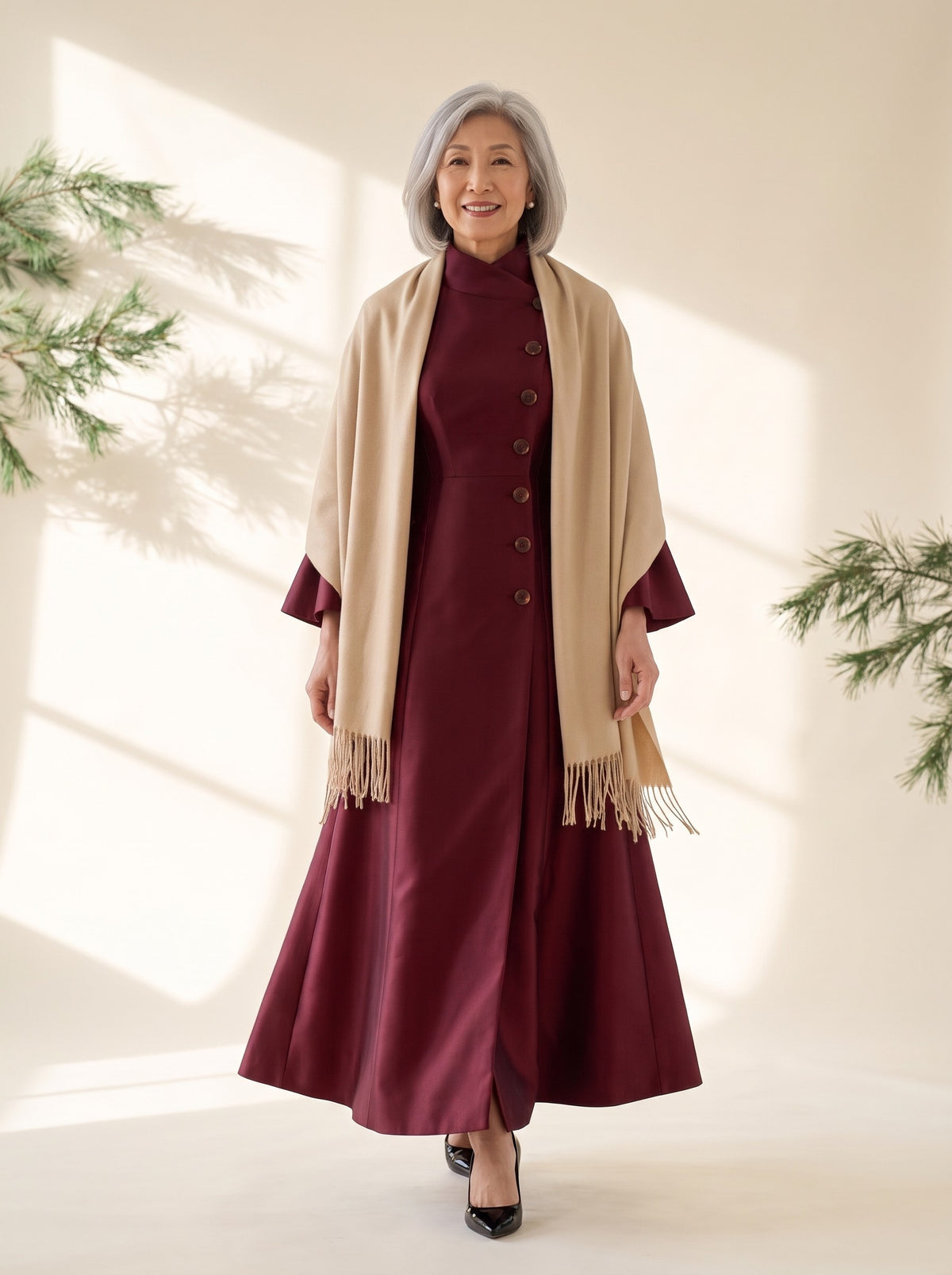 Noreen Maxi Dress in Burgundy, styled with the Blythe Evening Wrap in Camel