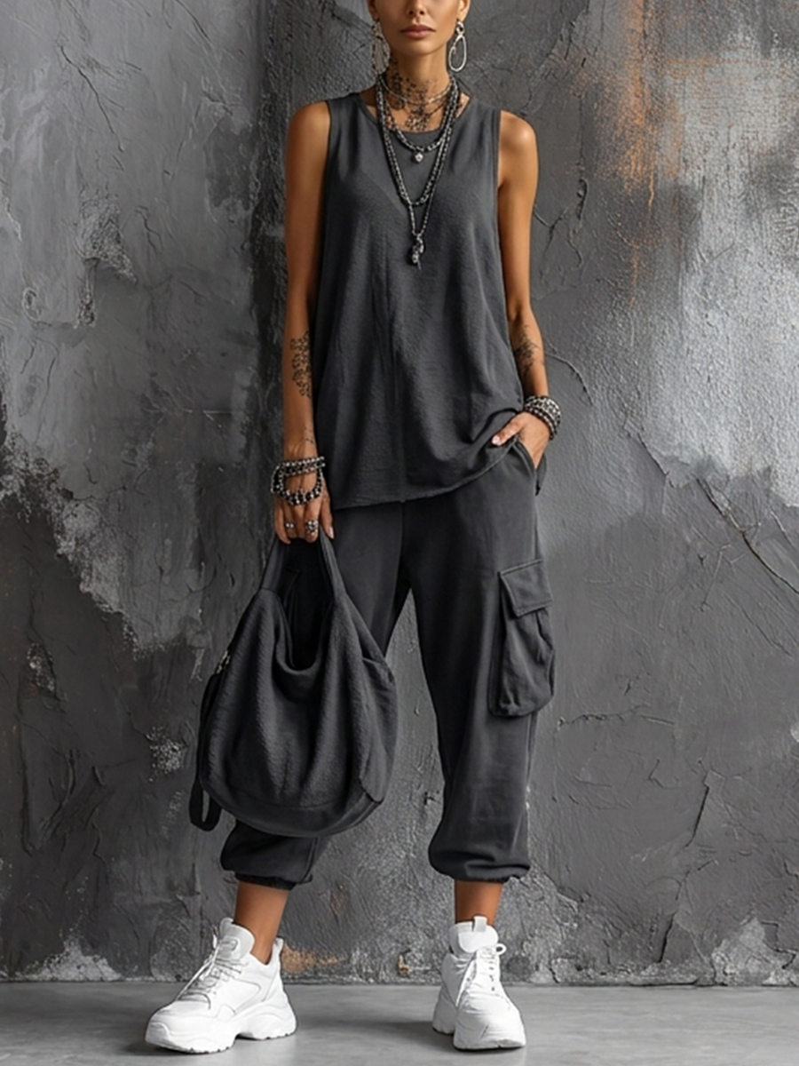 Marlow Sleeveless Cargo Two-Piece Set - charcoal grey front view