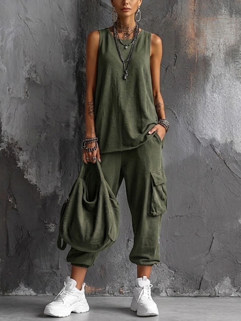 Marlow Sleeveless Cargo Two-Piece Set - olive green front view