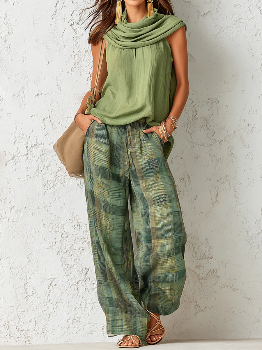 Tulum Set — draped cowl neck and plaid detail