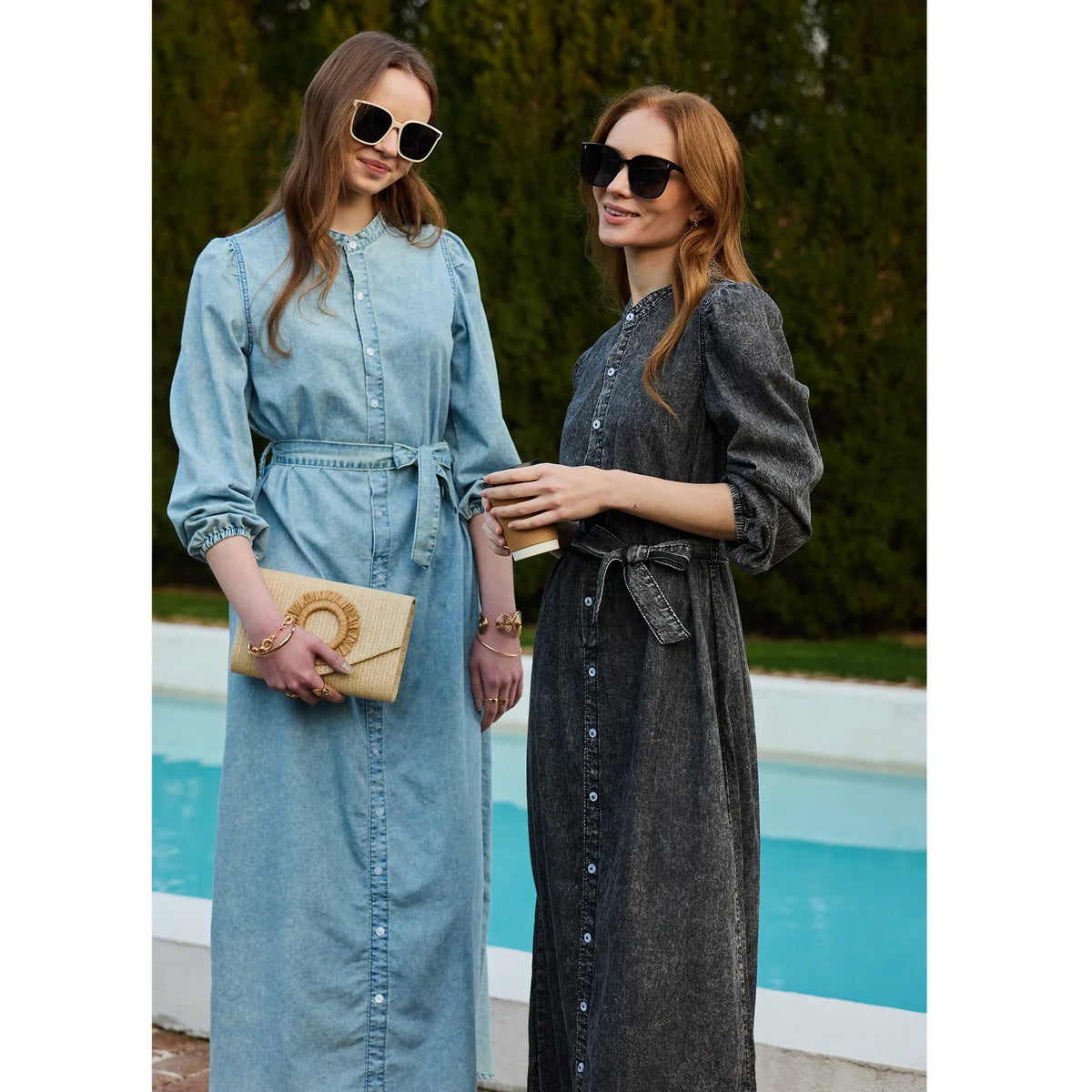 Phyllis Maxi Dress in Blue and Black, side by side