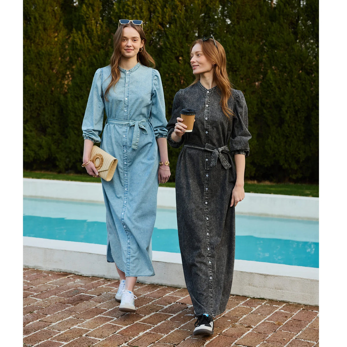 Phyllis Maxi Dress in Blue and Black, walking