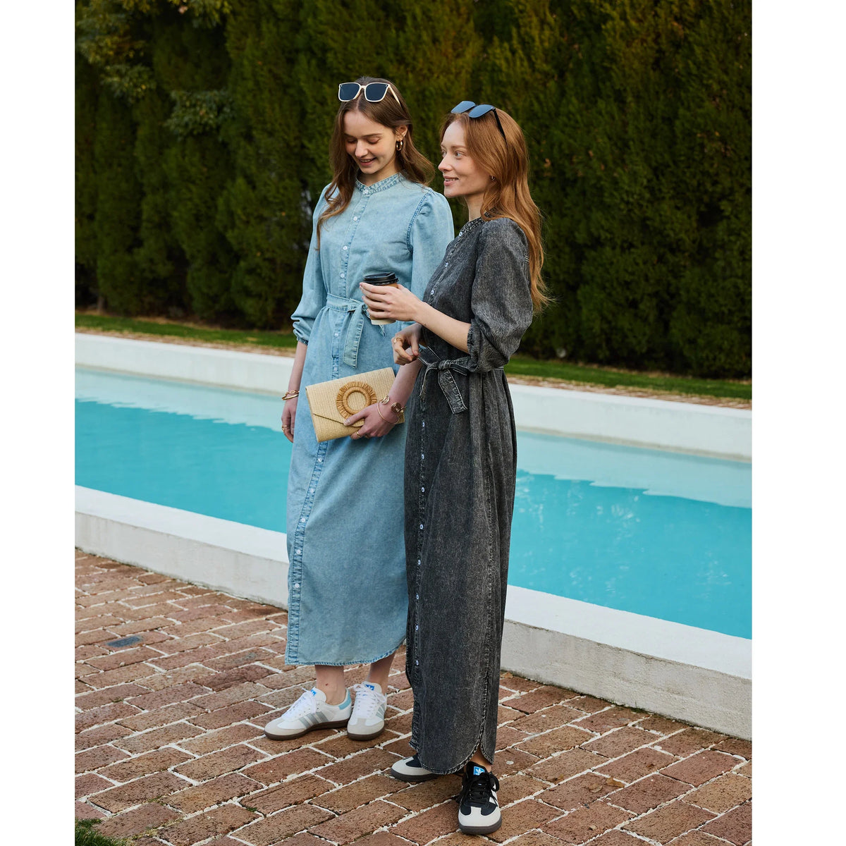 Phyllis Maxi Dress in Blue and Black, three-quarter view