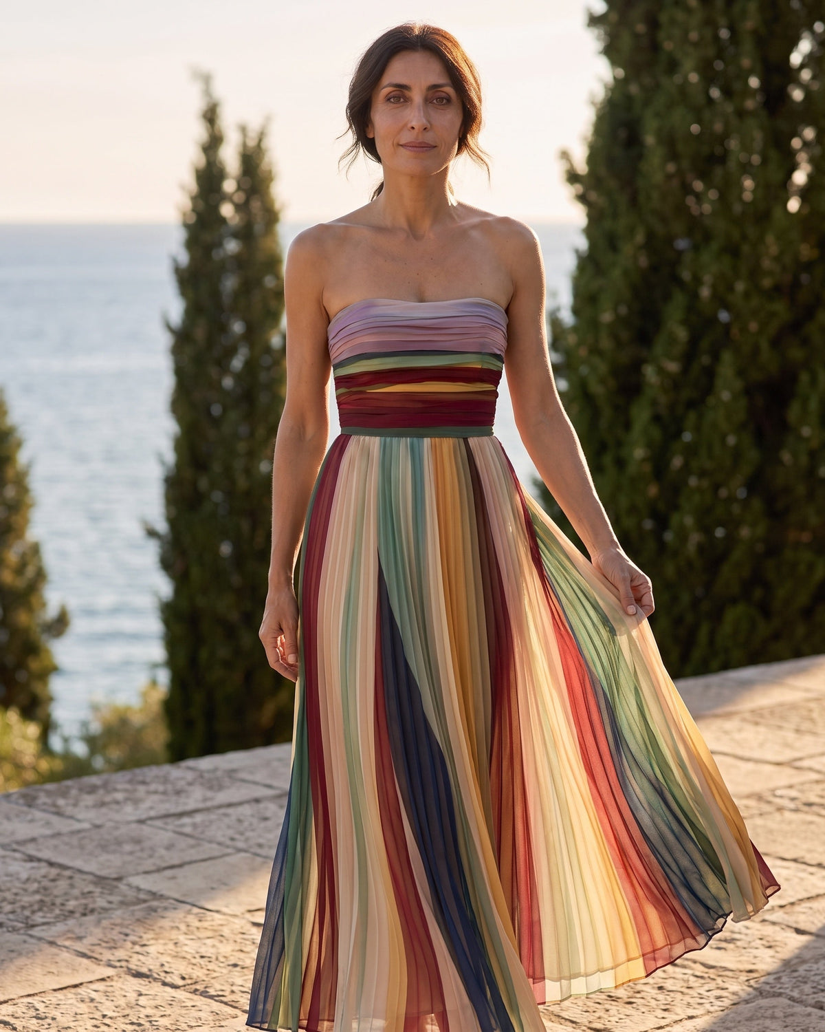 Ravenna Maxi Dress — full length on a seaside terrace at golden hour
