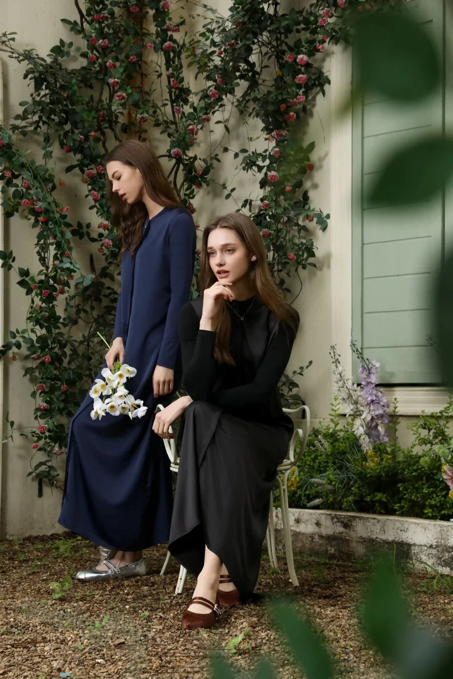 Ursula Maxi Dress in Navy and Black, seated