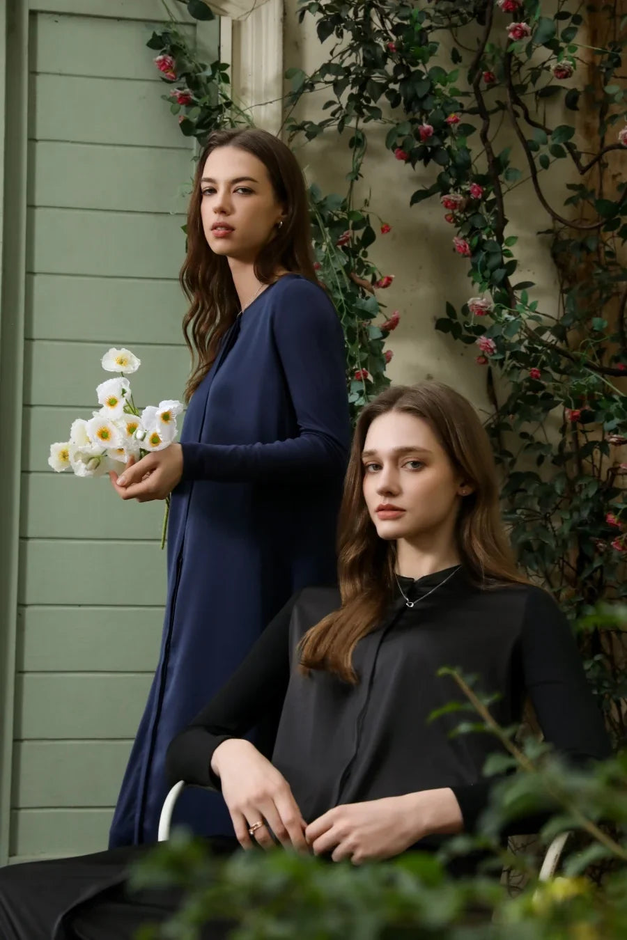 Ursula Maxi Dress in Navy and Black, garden view