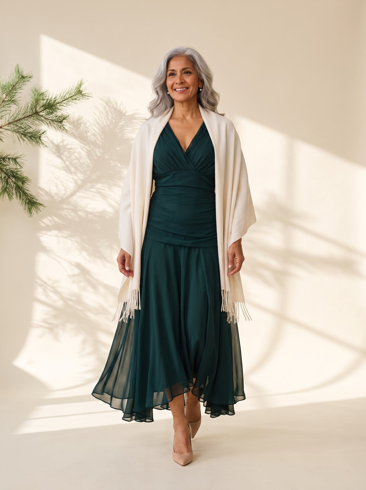 Verena Maxi Dress in Dark Green, styled with the Blythe Evening Wrap in Ivory