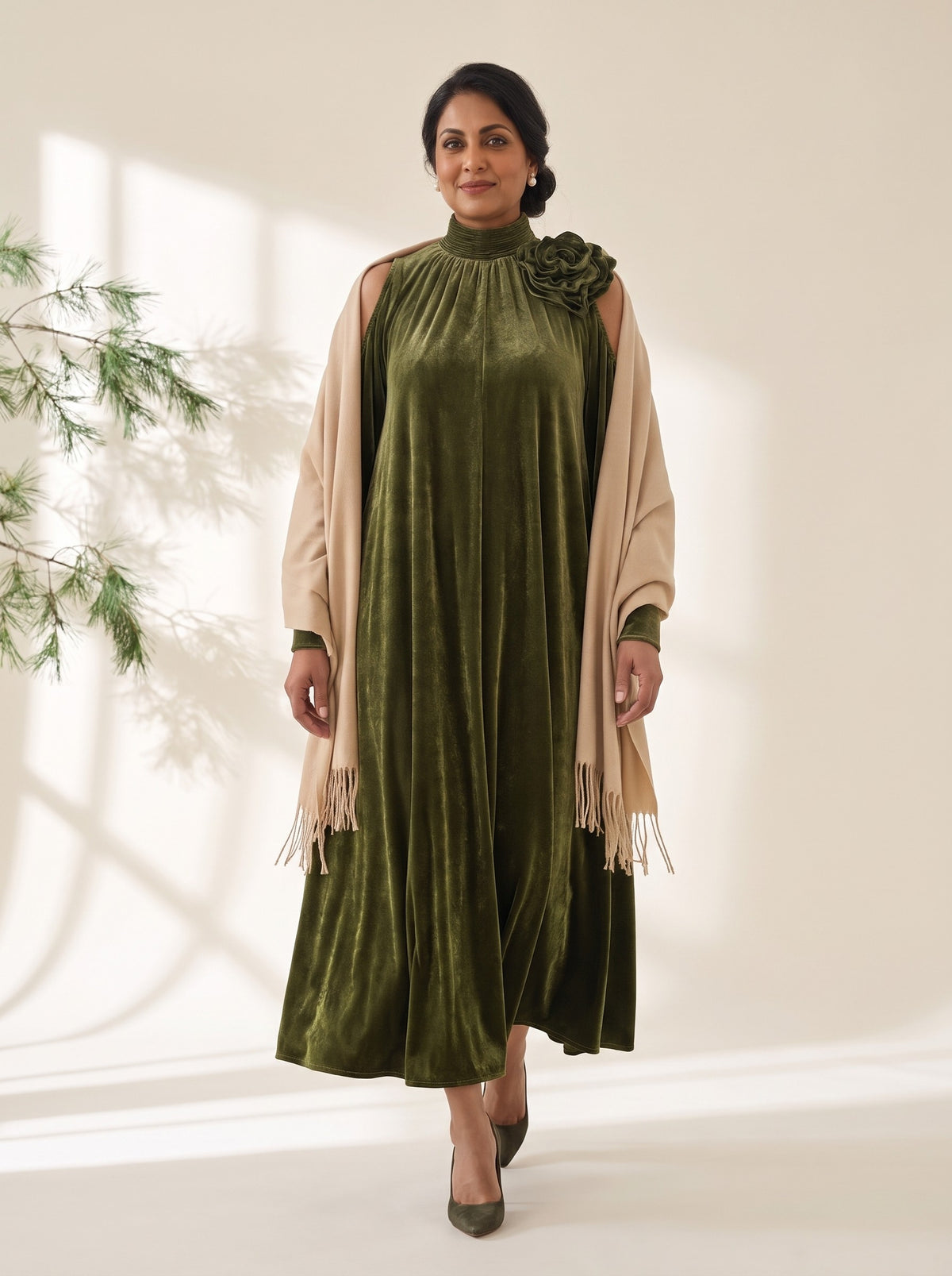 Viola Maxi Dress in Olive, styled with the Blythe Evening Wrap in Camel