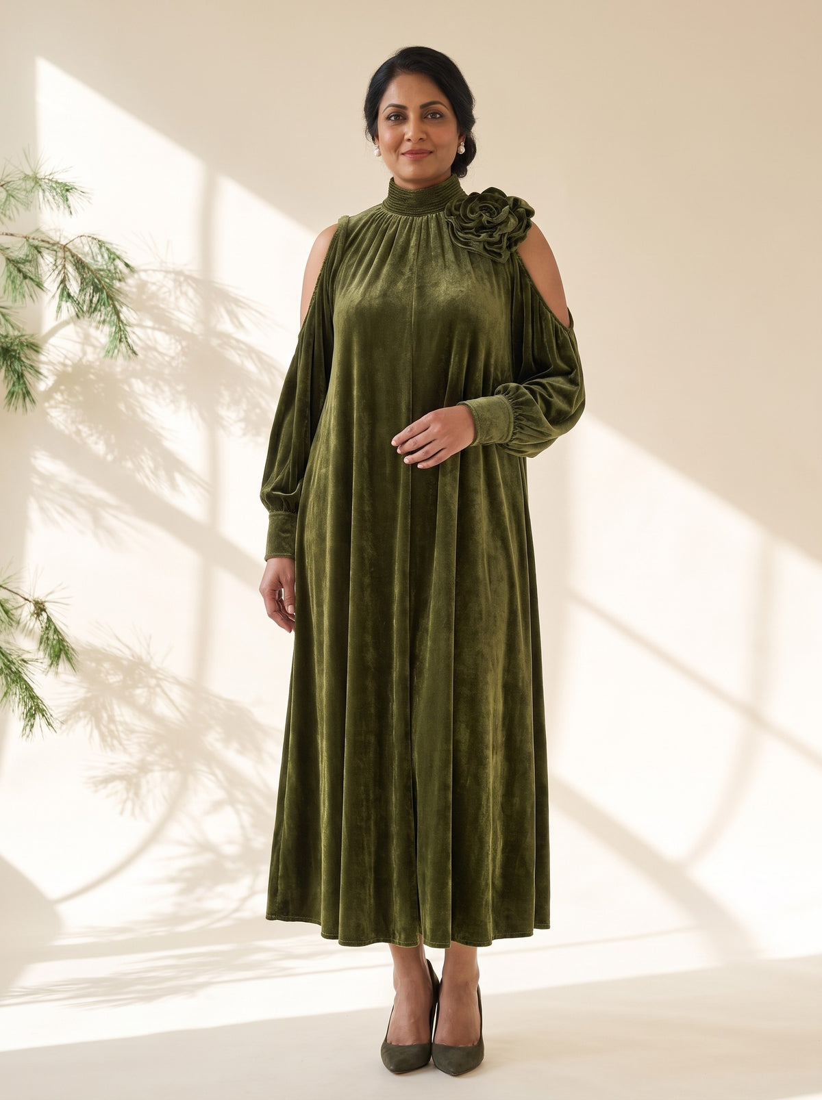 Viola Maxi Dress in Olive, detail view