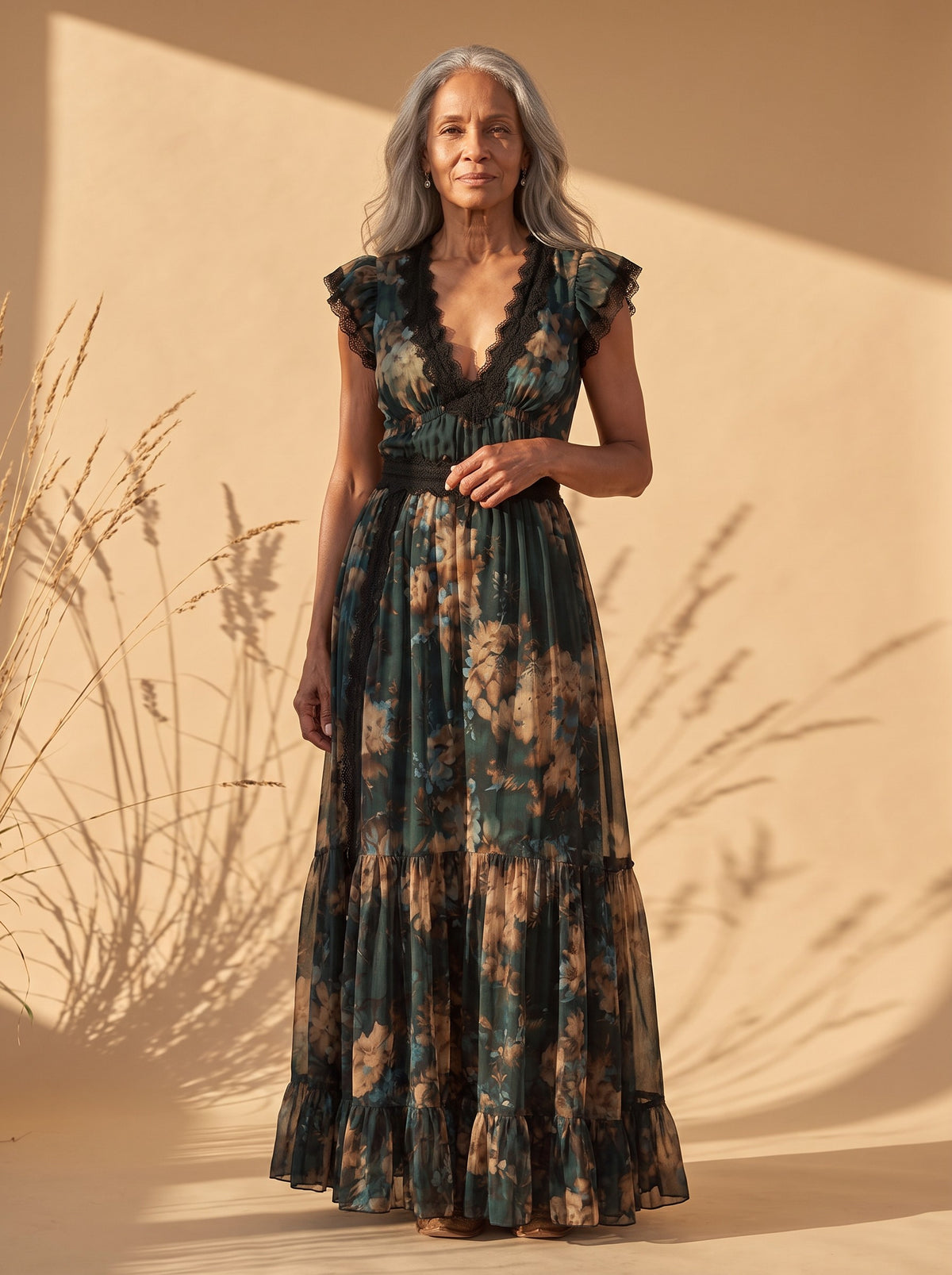 Wynona Maxi Dress in Dark Green, detail view