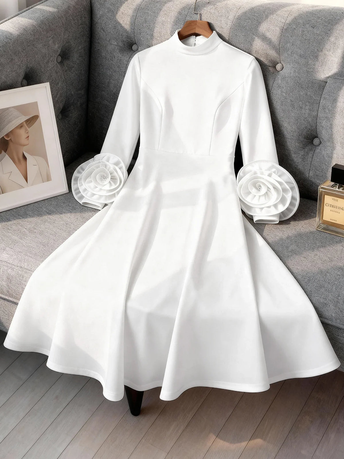 Yolanda Midi Dress in White, on hanger